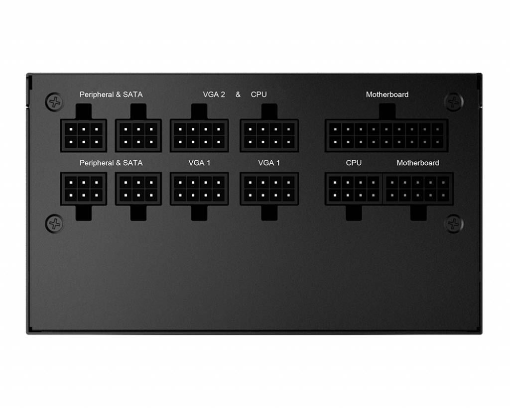 Universalmodulares Netzteil mit mehreren Anschlusssteckplätzen, darunter 'Peripherals & SATA', 'VGA', 'CPU', und 'Motherboard'.