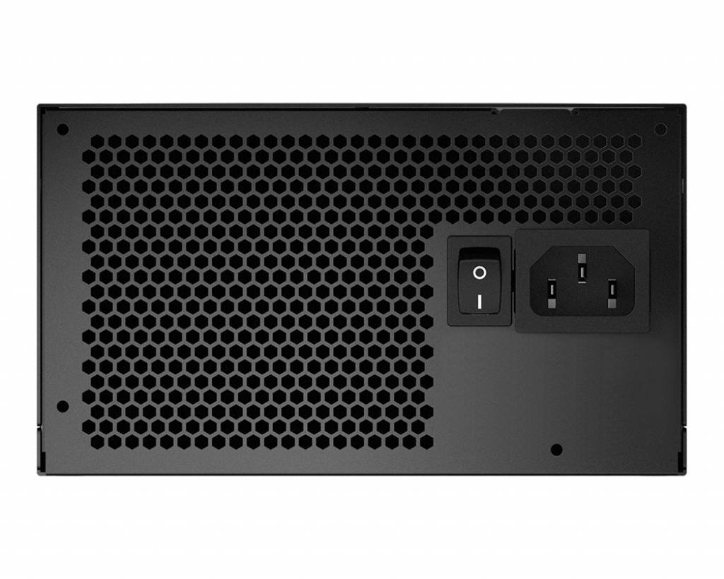 Ein schwarzes Computernetzteil mit einem Ein-/Ausschalter und einem Kaltgerätesteckereingang. Ventilationsgitter bedecken einen Großteil der Fläche.