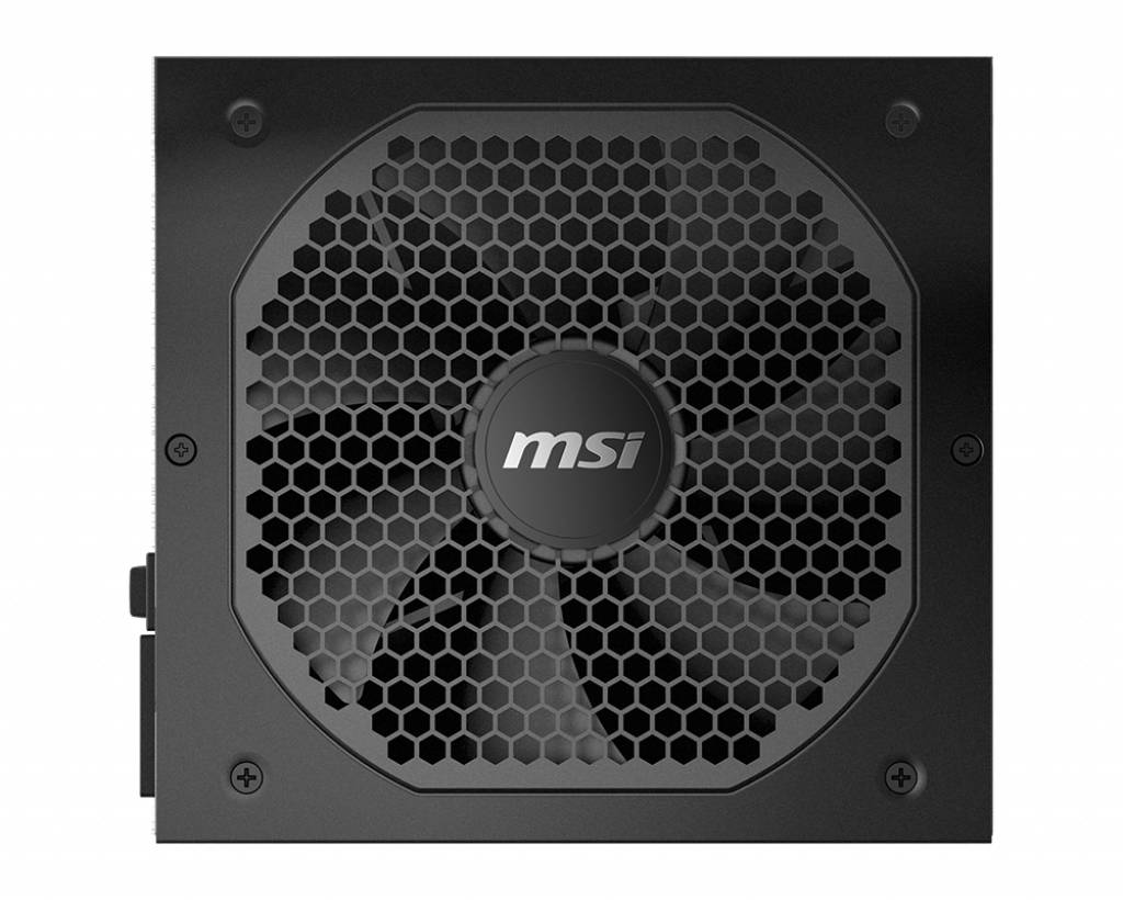 Schwarzes MSI PC-Netzteil mit großem Ventilator in der Mitte. Hexagonales Gitterdesign über dem Ventilator.