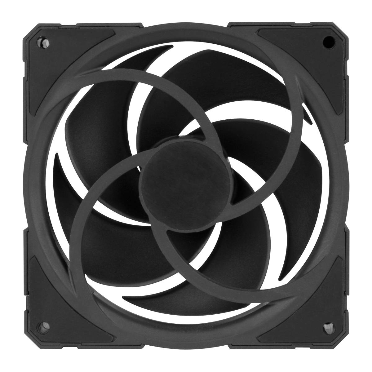 Schwarz-grauer Computerlüfter mit acht Flügeln. Eignet sich zur Kühlung von elektronischen Geräten und PCs.