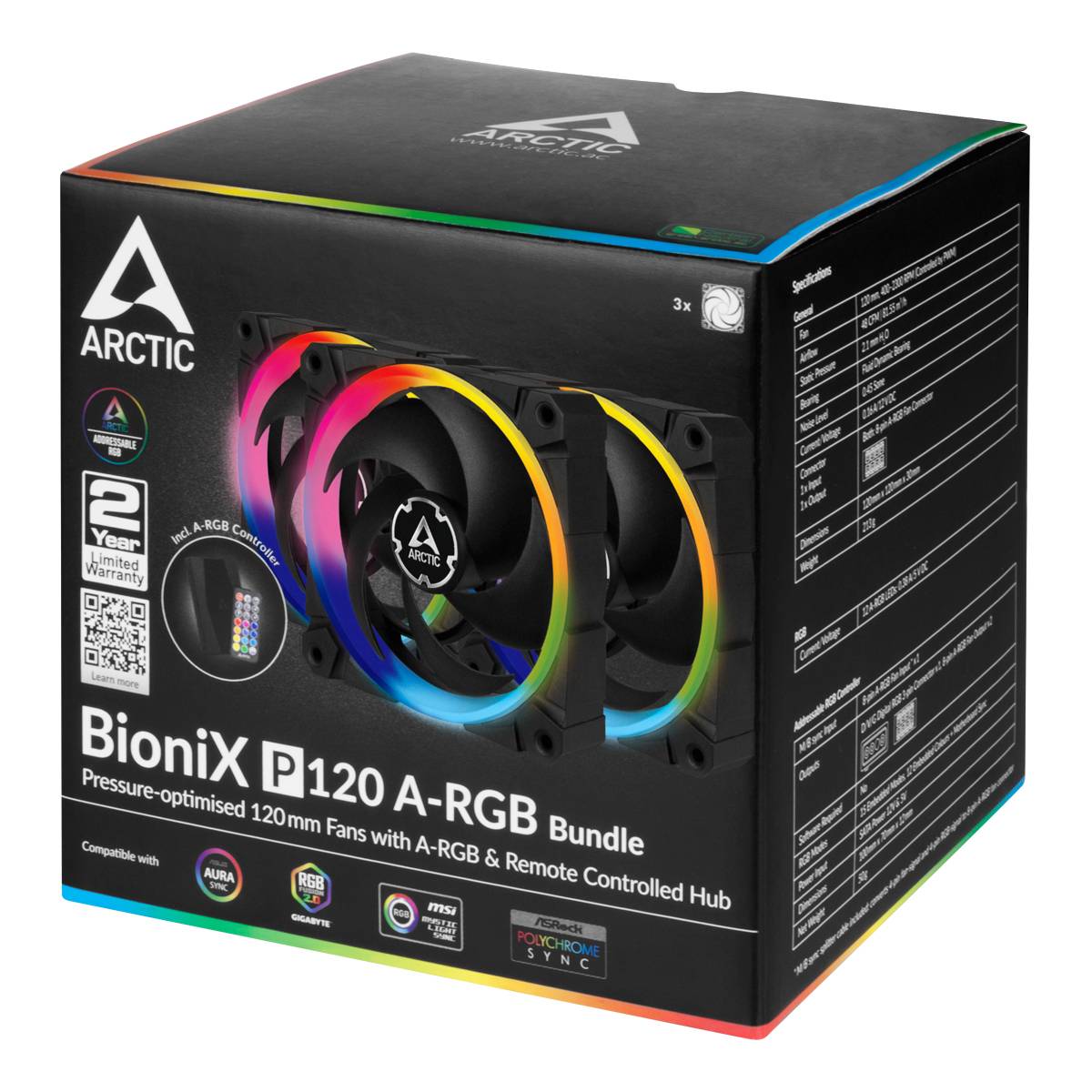 Eine Verpackung mit drei ARGB-Lüftern, Modell 'BioniX P120 A-RGB Bundle' von Arctic, inklusive Fernsteuerungs-Hub.