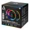 Eine Verpackung mit drei ARGB-Lüftern, Modell 'BioniX P120 A-RGB Bundle' von Arctic, inklusive Fernsteuerungs-Hub.