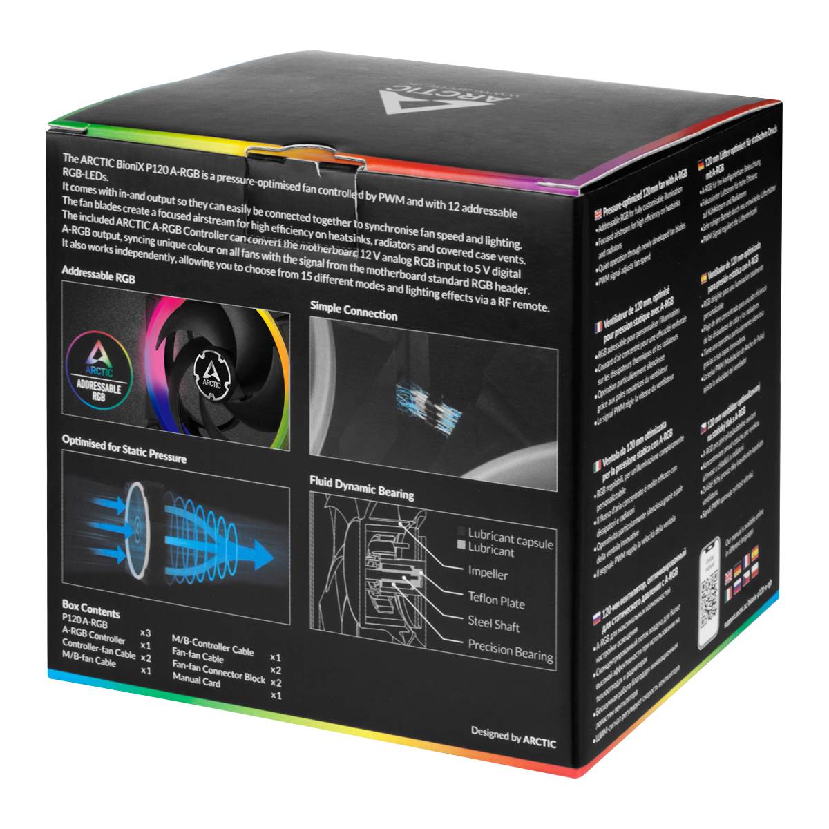 Produktverpackung einer RGB-Lüfterbox. Enthält Informationen über RGB-LEDs, installationsfreundliche Lüfterschaufeln und Fluidlager-Details.