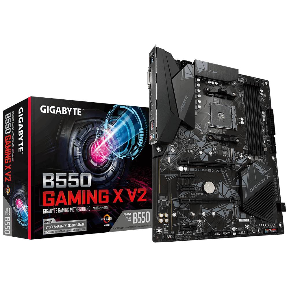 Mainboard Gigabyte B550 Gaming X V2 vor Verpackung. Enthält PCIe 4.0, USB 3.2, HDMI, M.2 Slots. Für AMD-CPUs geeignet.