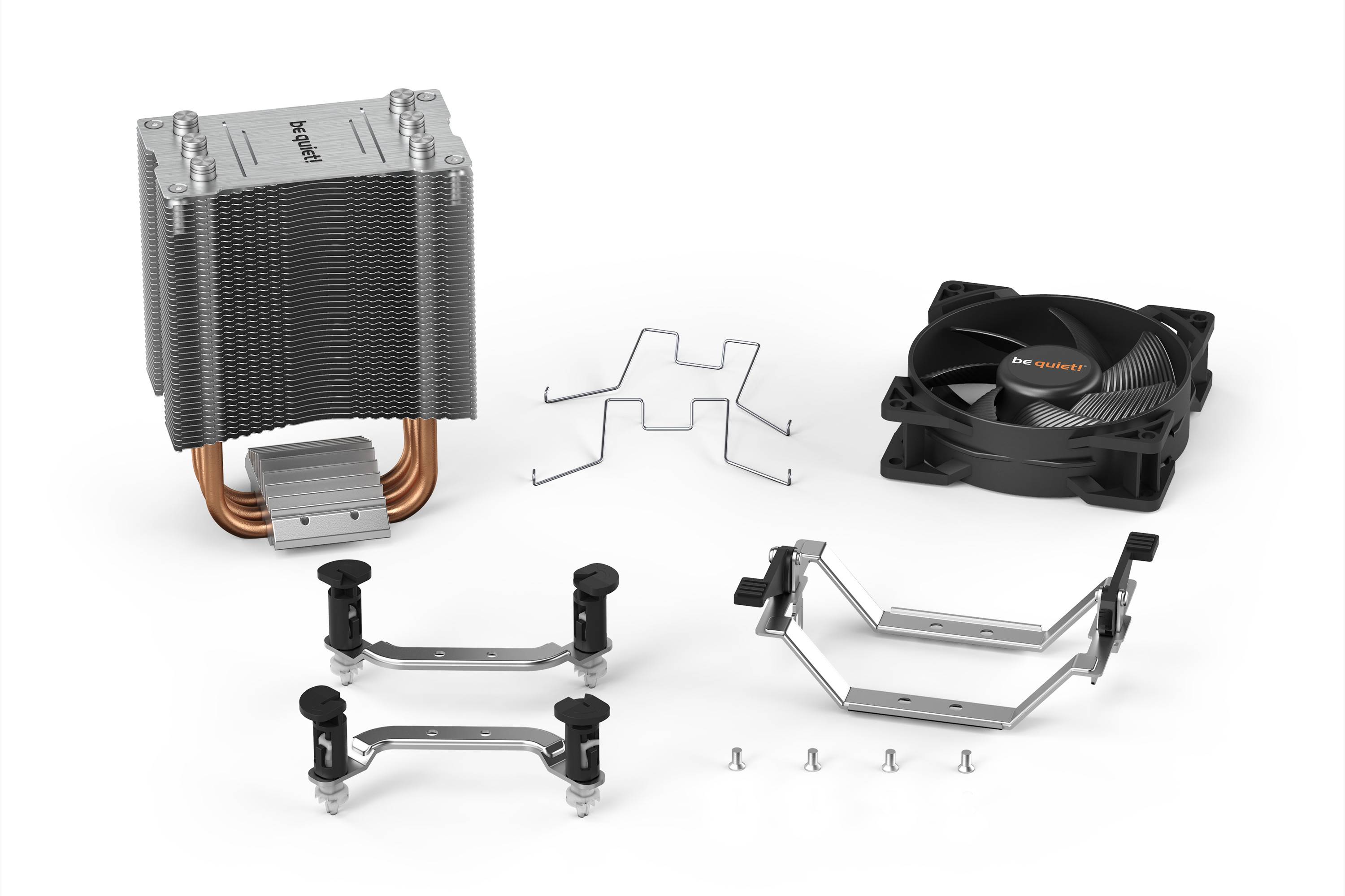Kühlkörper mit Lüfter, Halterungen und Schrauben für die Montage eines Prozessor-Kühlsystems auf einem Computer-Motherboard.
