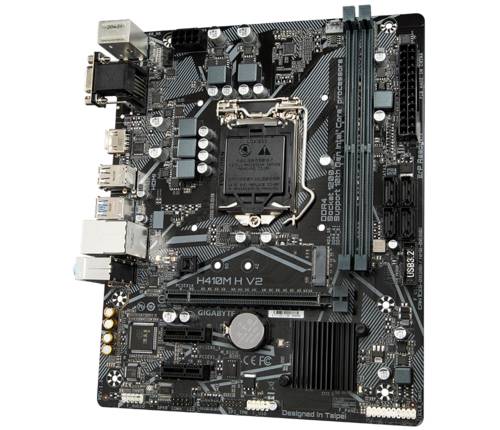 Eine Computer-Motherboard mit mehreren Steckplätzen, Anschlüssen und einem CPU-Sockel, geeignet für Desktop-PC-Builds.