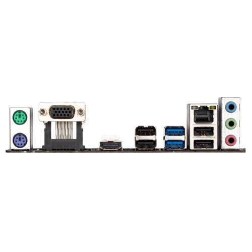 Mainboard-Rückseite mit VGA-Anschluss, Ethernet-Port, USB-Anschlüssen und Audio-Buchsen.