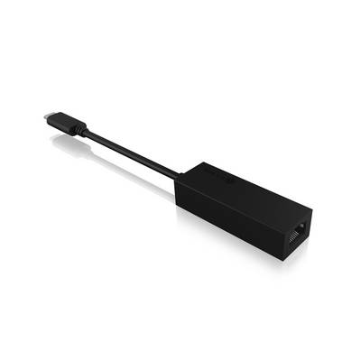 Ein schwarzer USB-C-auf-Ethernet-Adapter, der eine kabelgebundene Internetverbindung für Geräte mit einem USB-C-Anschluss ermöglicht.