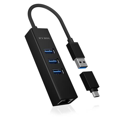 IB-HUB1419-LAN, USB 3.2 Gen 1 HUB und LAN Adapter, Type-A+C zu 3x USB 3.2 Gen 1 und Gigabit LAN, Aluminium, schwarz