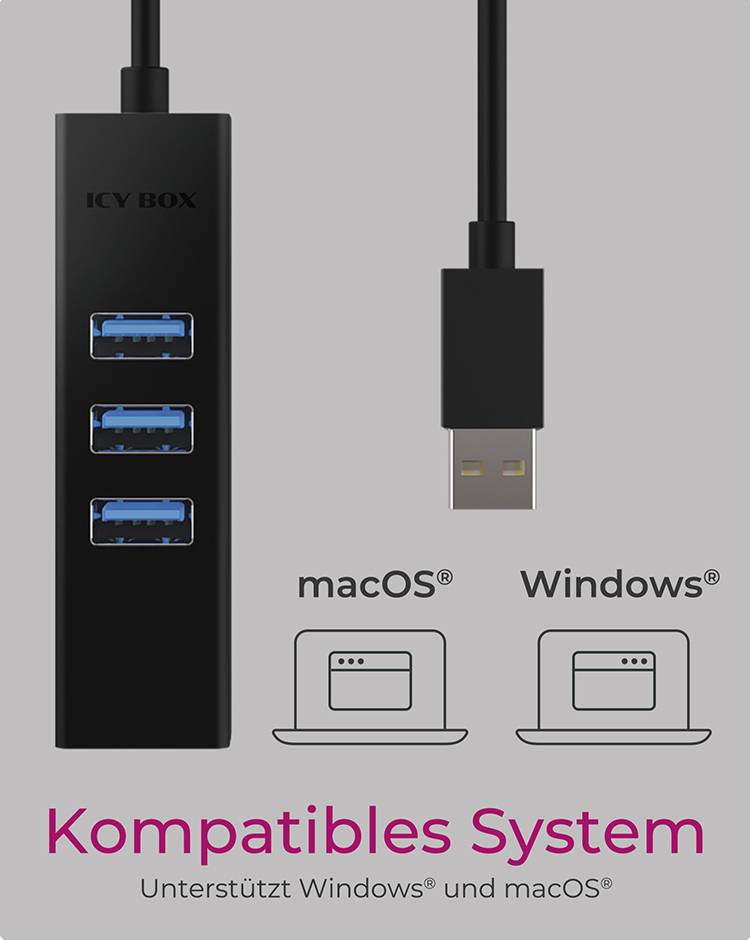 USB-Hub mit drei Anschlüssen und USB-Stecker. Kompatibel mit macOS und Windows. Text: 'Kompatibles System'. Unterstützt beide Systeme.