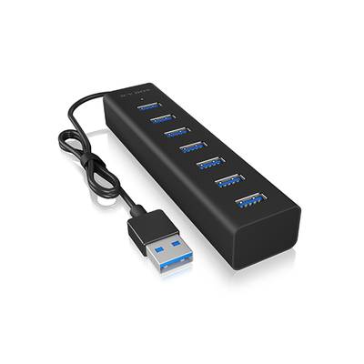 Ein schwarzer USB-Hub mit sieben blauen USB-Anschlüssen und einem Kabel. Ideal zur Verbindung mehrerer Geräte mit einem Computer.