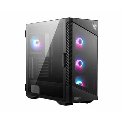 Gaming-PC-Gehäuse mit transparentem Fenster zeigt RGB-beleuchtete Lüfter in der Front und einem an der Rückseite. Geeignet für anspruchsvolle Spiele.