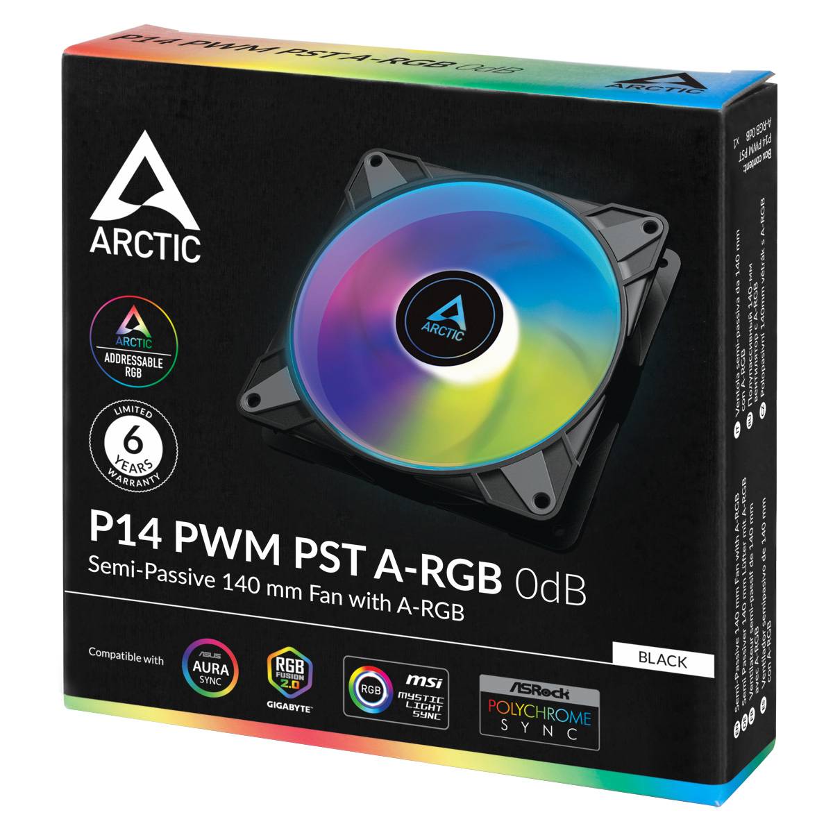 Schachtel eines ARCTIC P14 PWM PST A-RGB 0dB Lüfters. Zeigt den Lüfter mit RGB-Beleuchtung, Markenlogo und Kompatibilitätshinweise.
