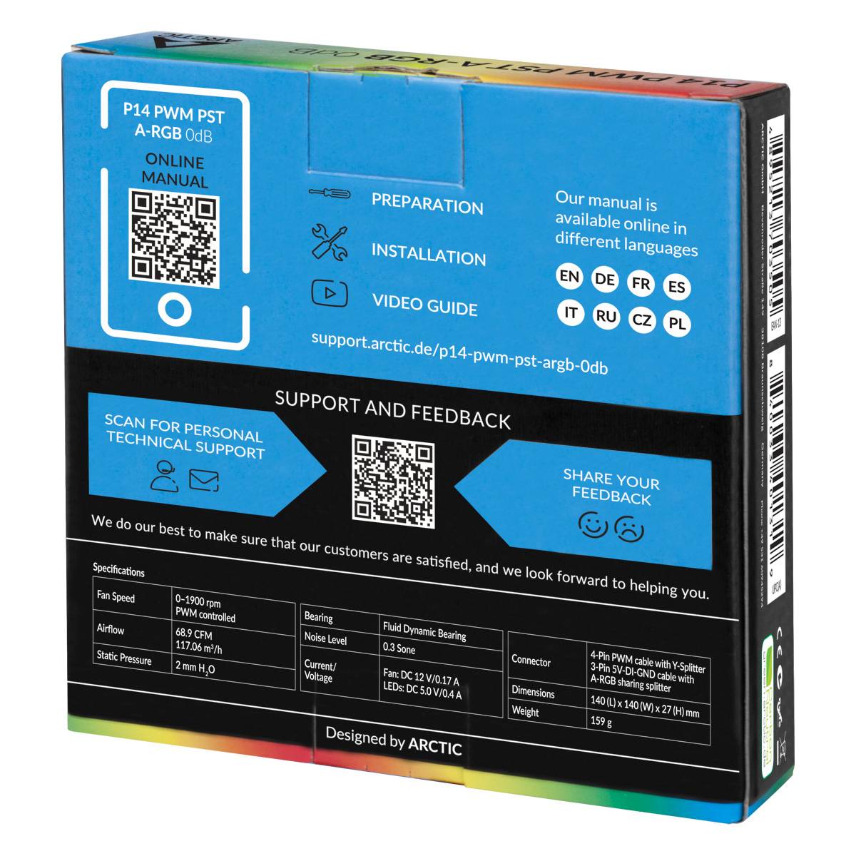 Eine Verpackung mit einem QR-Code für das Online-Handbuch, erhältlich in mehreren Sprachen. Unterstützung und Feedback-Optionen sind vorhanden.