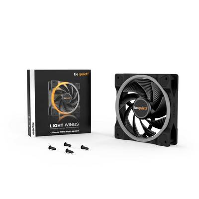 'be quiet! LIGHT WINGS 120mm PWM high-speed'-Lüfter in Schwarz, mit Verpackung und vier Schrauben dargestellt.