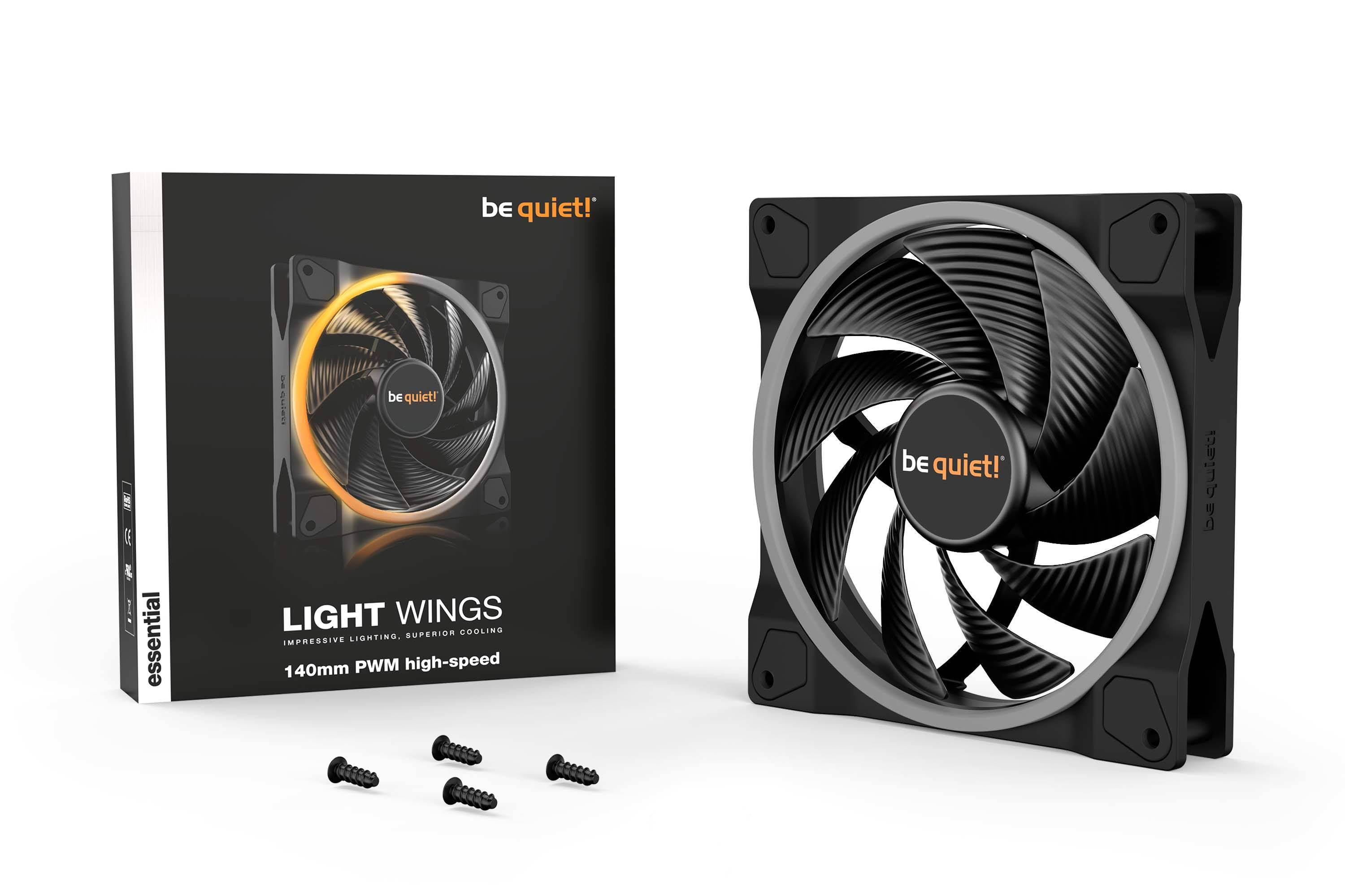 PC-Gehäuselüfter von 'be quiet!', Modell Light Wings 140mm PWM, schwarz, mit Verpackung und beiliegenden Schrauben.