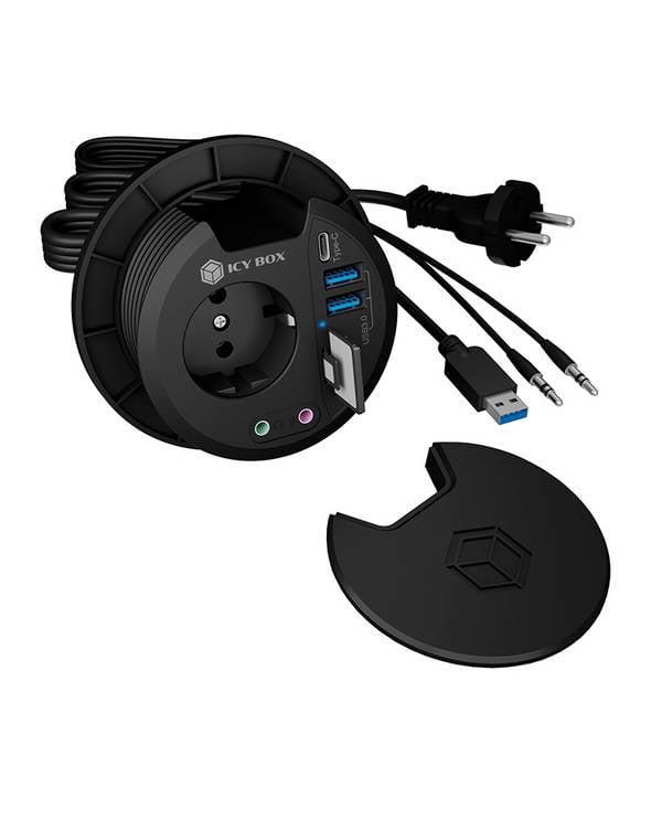 IB-HUB1430-CR, 3 Port USB 3.0 Tisch-Hub und Card Reader mit Audio Ein-/Ausgang und Schuko Steckdose (CEE 7/3), Ø 80 mm