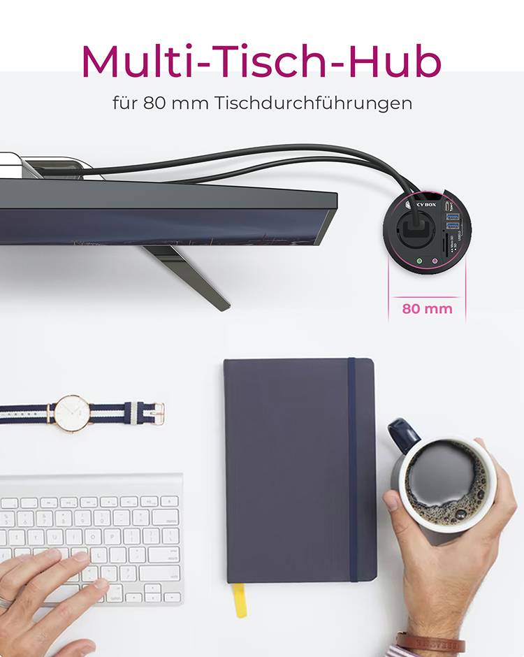 Ein Multi-Tisch-Hub ist in einen Schreibtisch eingebaut. Daneben eine Person mit Uhr, Laptop und Kaffeetasse.