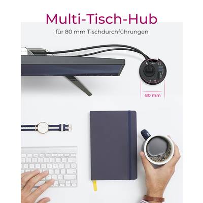 Ein Multi-Tisch-Hub ist in einen Schreibtisch eingebaut. Daneben eine Person mit Uhr, Laptop und Kaffeetasse.