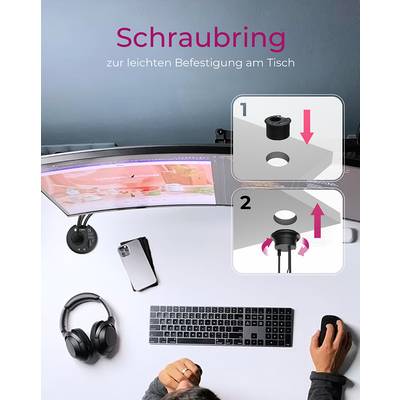 Mann am Schreibtisch nutzt Computermaus, daneben Monitorbefestigung mit 'Schraubring zur leichten Befestigung am Tisch' erklärt.