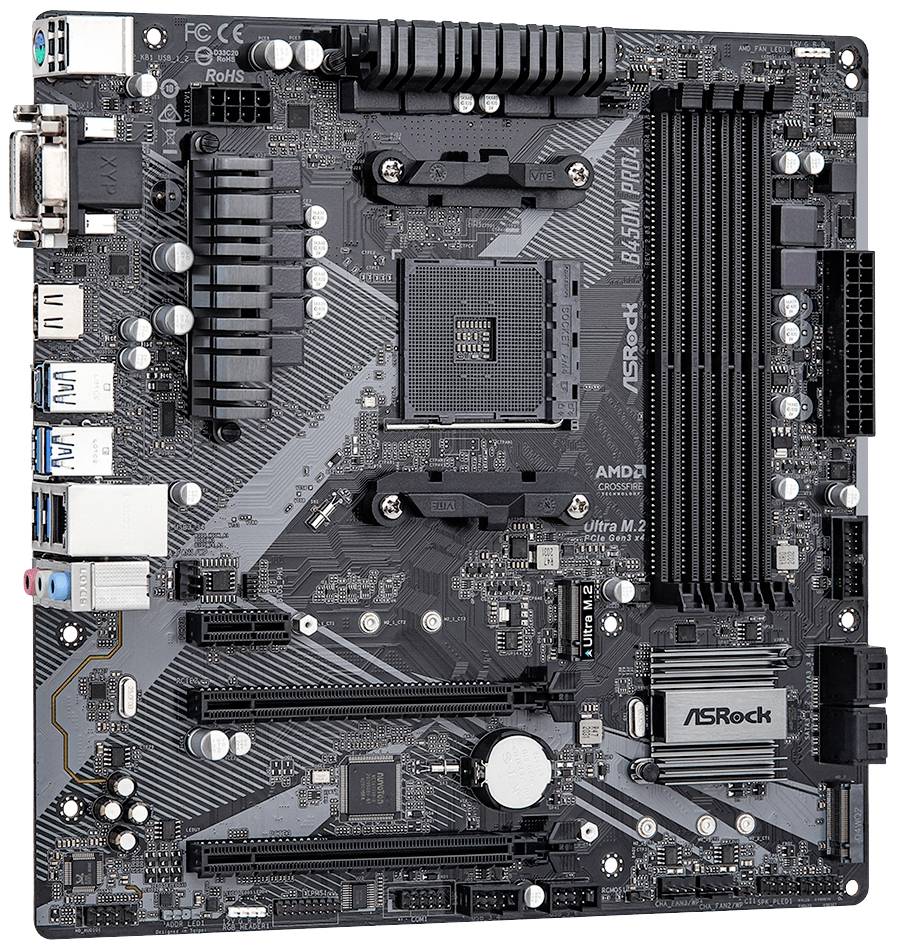 'ASRock B450M Pro4' Mikro-ATX-Mainboard mit AMD-Sockel, vier RAM-Steckplätze, mehrere Anschlüsse und Erweiterungsslots, grau-schwarz.