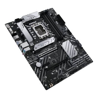 Schwarze Hauptplatine eines Computers mit Steckplätzen für Prozessor, RAM und Anschlüsse. Sichtbare weiße Linien und Aufdrucke, Herstellerlogo links.