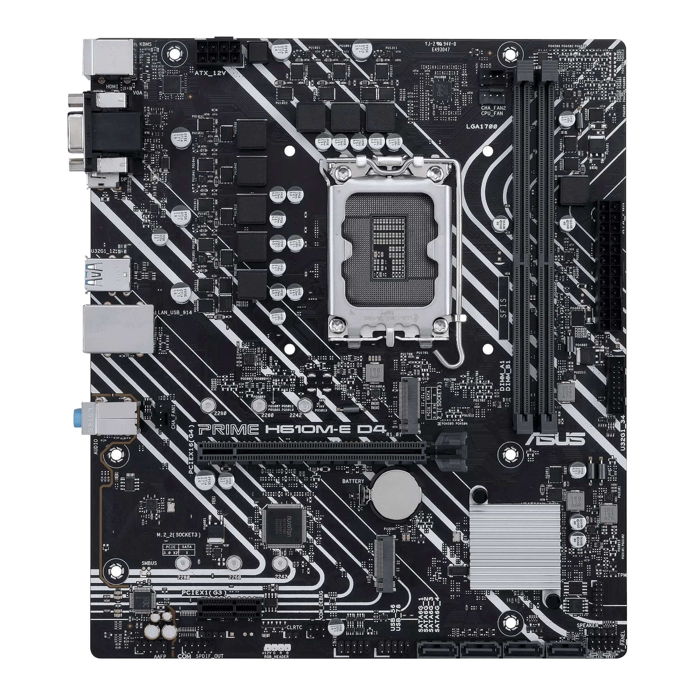'Ein ASUS PRIME H610M-E D4 Motherboard mit schwarzen und weißen Linien. Zeigt Steckplätze für CPU, RAM, PCIe, und andere Anschlüsse.'