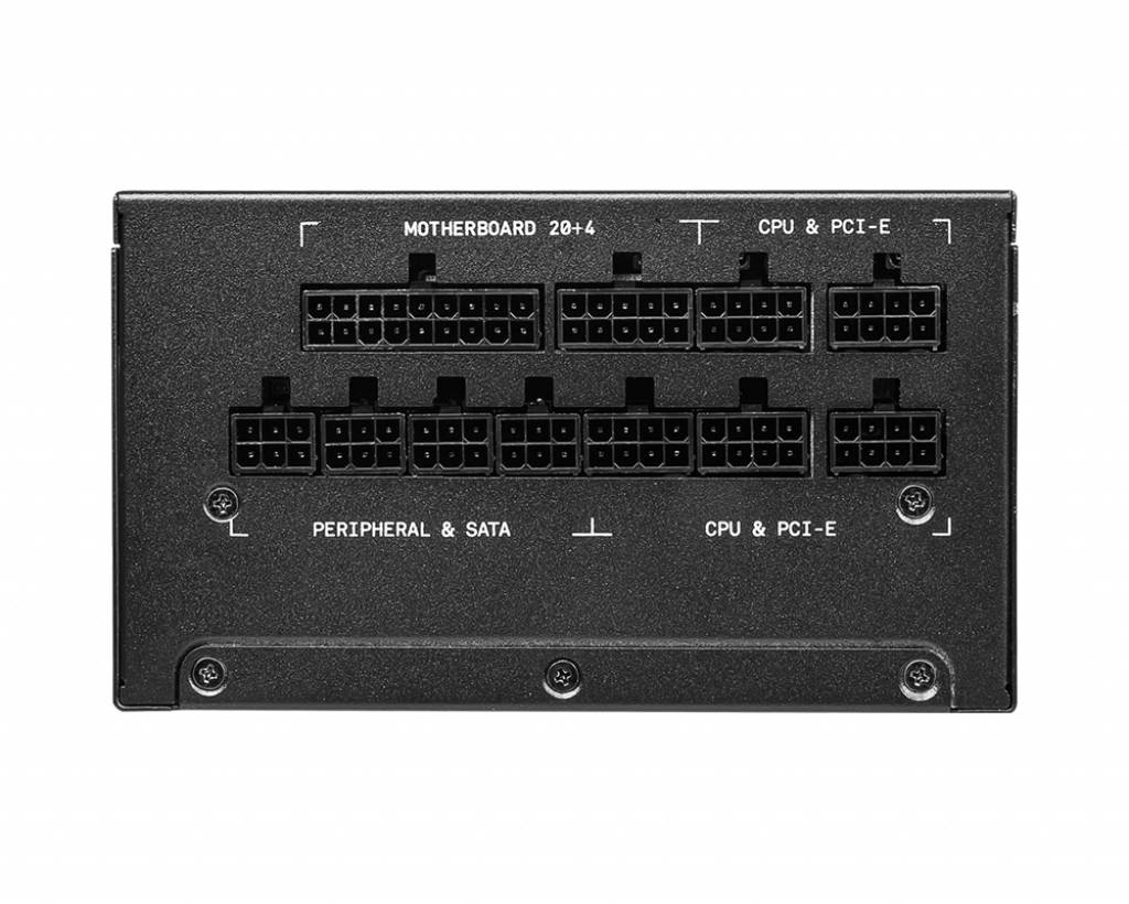 Rückansicht eines modularen PC-Netzteils mit verschiedenen Stromanschlüssen, einschließlich Anschlüssen für Motherboard, CPU und PCI-E.