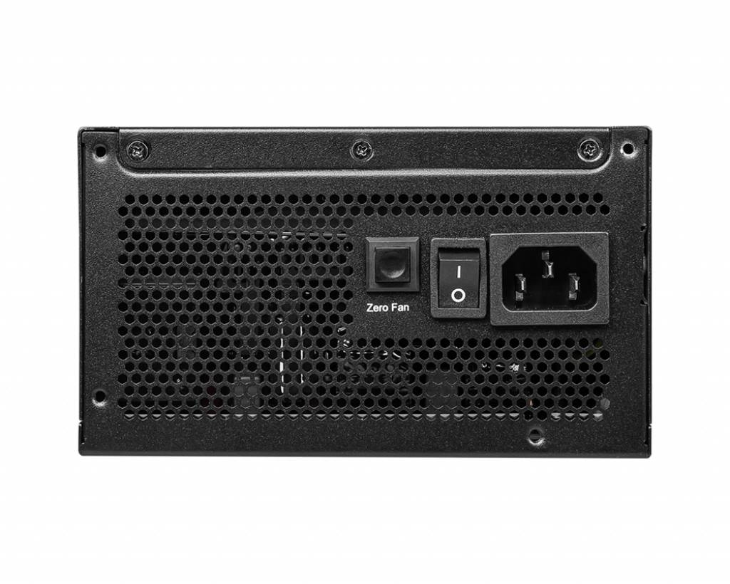 Schwarzes Computernetzteil mit Lüftungsgitter, Zero Fan-Schalter, Ein-/Ausschalter und Netzkabelanschluss auf der Rückseite.