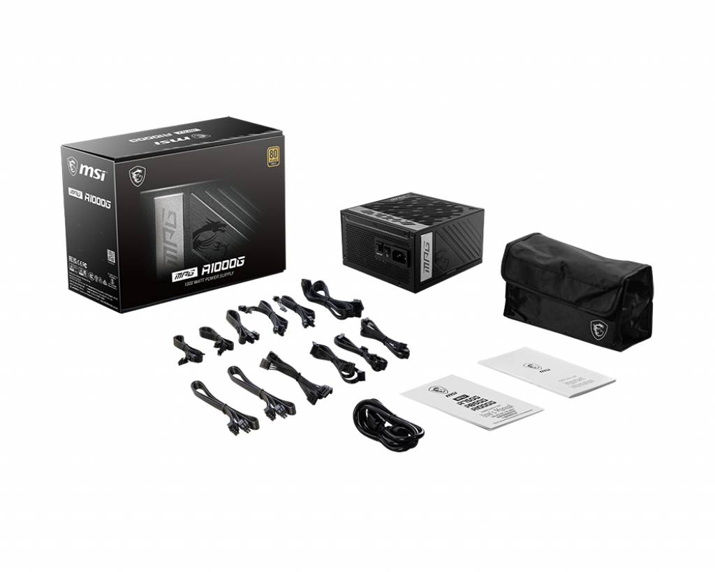 Netzteil MSI MPG A1000G mit Zubehör: Kabel, Transporttasche und Handbücher. Verpackung zeigt Modellangaben und Spezifikationen.