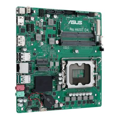 Eine ASUS Pro H610T D4-Mainboardplatine mit verschiedenen Anschlüssen und Steckplätzen, geeignet für ITX-Systemkonfigurationen.