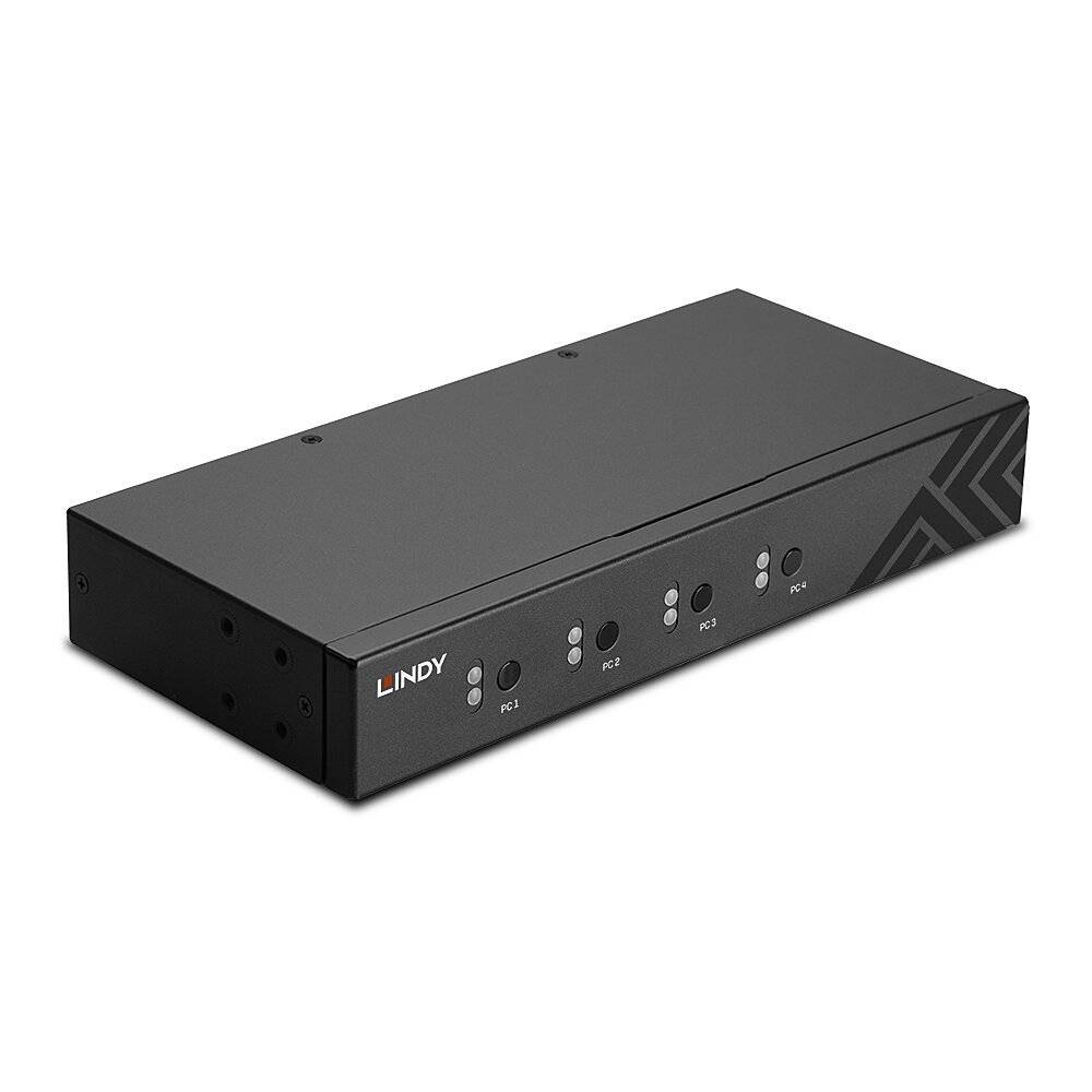 Ein schwarzer KVM-Switch mit vier Tasten, jeweils mit LED-Anzeigen, auf denen 'PC 1', 'PC 2', 'PC 3' und 'PC 4' steht.
