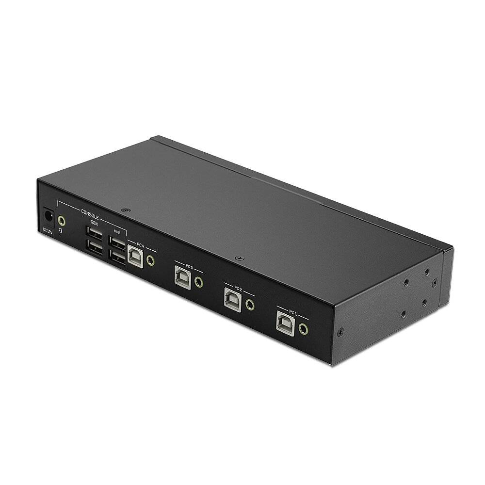 Ein schwarzer KVM-Switch mit mehreren USB- und Netzwerkanschlüssen auf der Vorderseite.