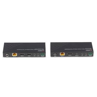 Zwei schwarze HDMI-Extender-Geräte nebeneinander, mit Anschlüssen für HDMI, USB, Stromversorgung und Ethernet an der Vorderseite.