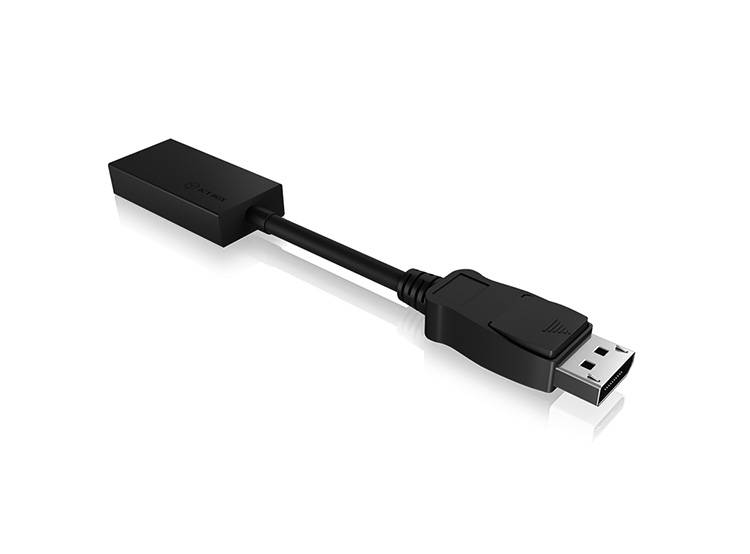 Ein schwarzer Adapter mit einem DisplayPort-Stecker auf der einen und einem HDMI-Anschluss auf der anderen Seite.