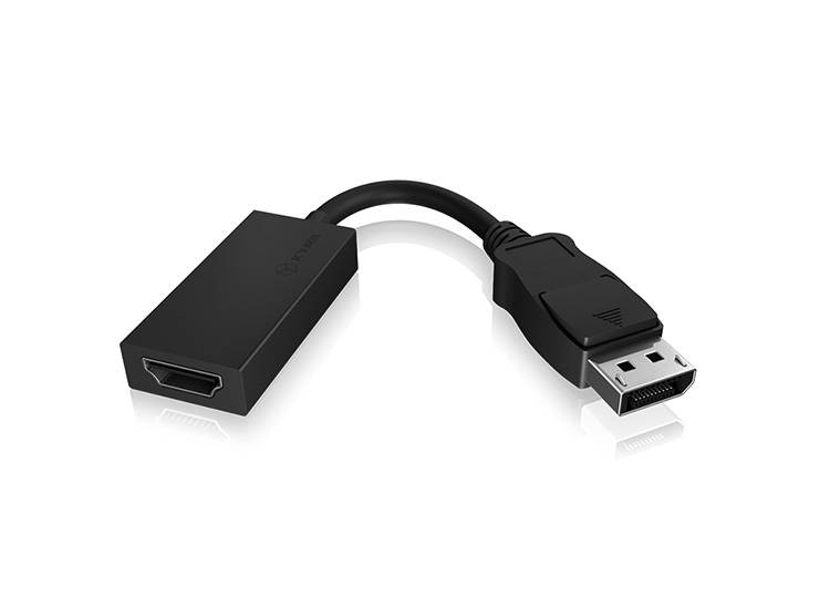 Ein schwarzer Adapter mit einem DisplayPort-Anschluss auf der einen und einer HDMI-Buchse auf der anderen Seite.