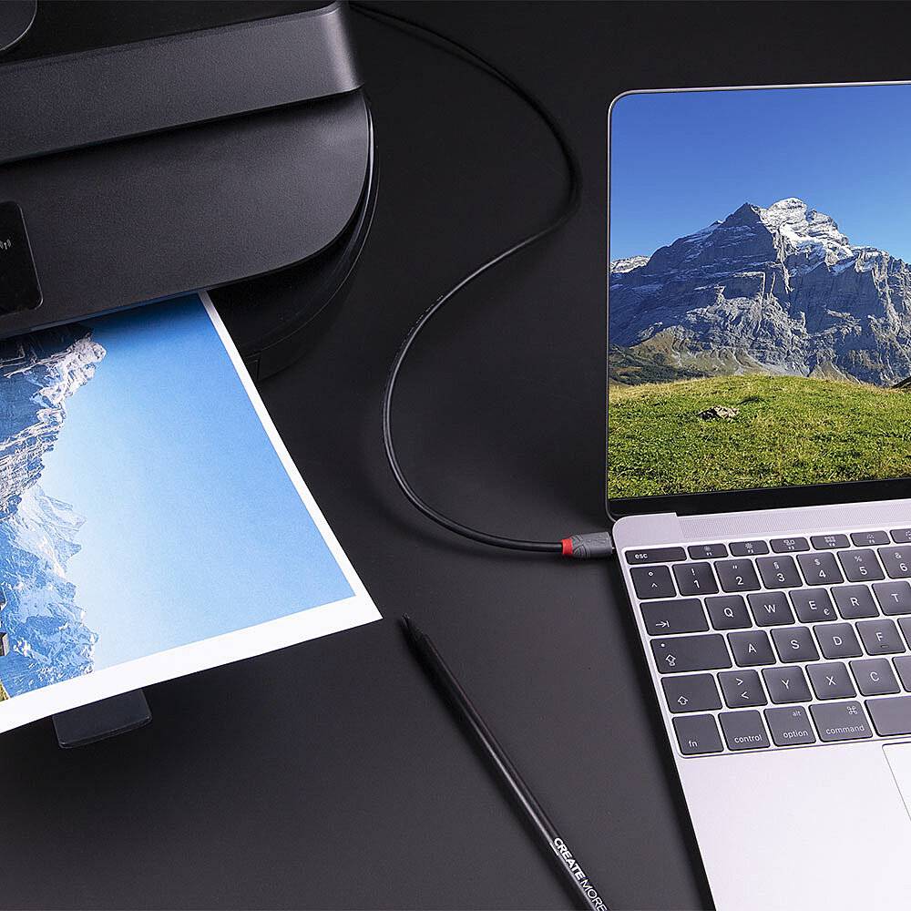 Laptop mit Berglandschaft auf dem Bildschirm steht auf einem Tisch. Ein Drucker daneben druckt ein Bild der gleichen Landschaft aus.