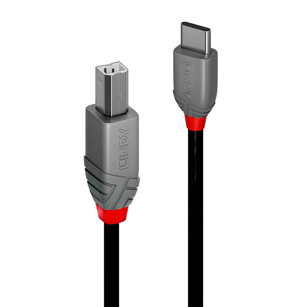 Ein schwarzes Datenkabel mit grauen Enden; eines mit USB-C-Stecker, das andere mit quadratischem Stecker für spezielle Geräte.