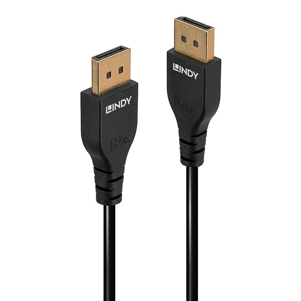 Zwei schwarze DisplayPort-Kabel mit goldenen Steckern und 'Lindy'-Aufschrift auf den Steckern, nebeneinanderliegend.