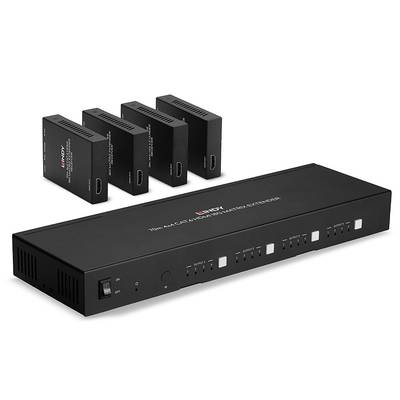 HDMI-Matrix-Schalter mit Fernbedienung und vier Eingängen. Gerät zeigt Anschlüsse und Tasten zur Steuerung. Geeignet für Heimkino-Setups.