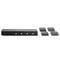 Ein HDMI-Switch mit mehreren Eingängen und vier kleinen HDMI-Receivern daneben, alle in schwarz gehalten. Geeignet für Audio-Video-Übertragungen.