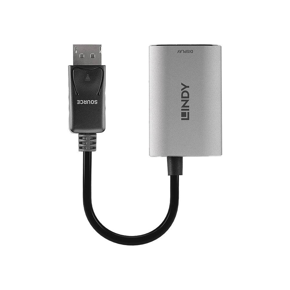 Ein grauer DisplayPort-zu-HDMI-Adapter mit schwarzem Kabel. Auf dem Adapter steht 'LINDY'.
