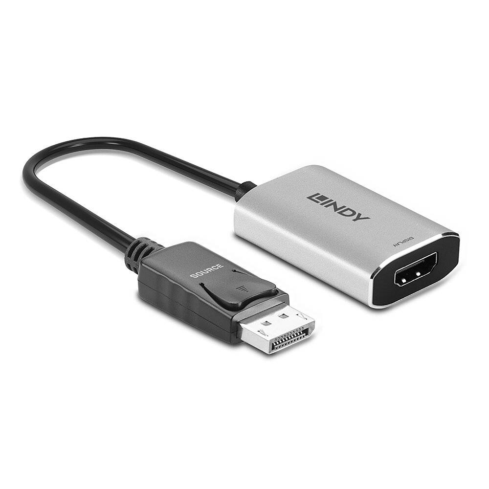 Adapterkabel von DisplayPort zu HDMI. Ein silberner HDMI-Anschluss und ein schwarzer DisplayPort-Anschluss sind durch ein Kabel verbunden.