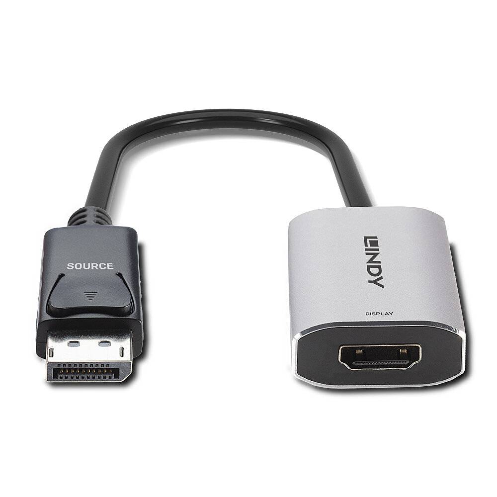 Ein schwarzes Kabel mit einem DisplayPort-Stecker links, beschriftet mit 'Source', und einem HDMI-Anschluss rechts, beschriftet mit 'Display'.