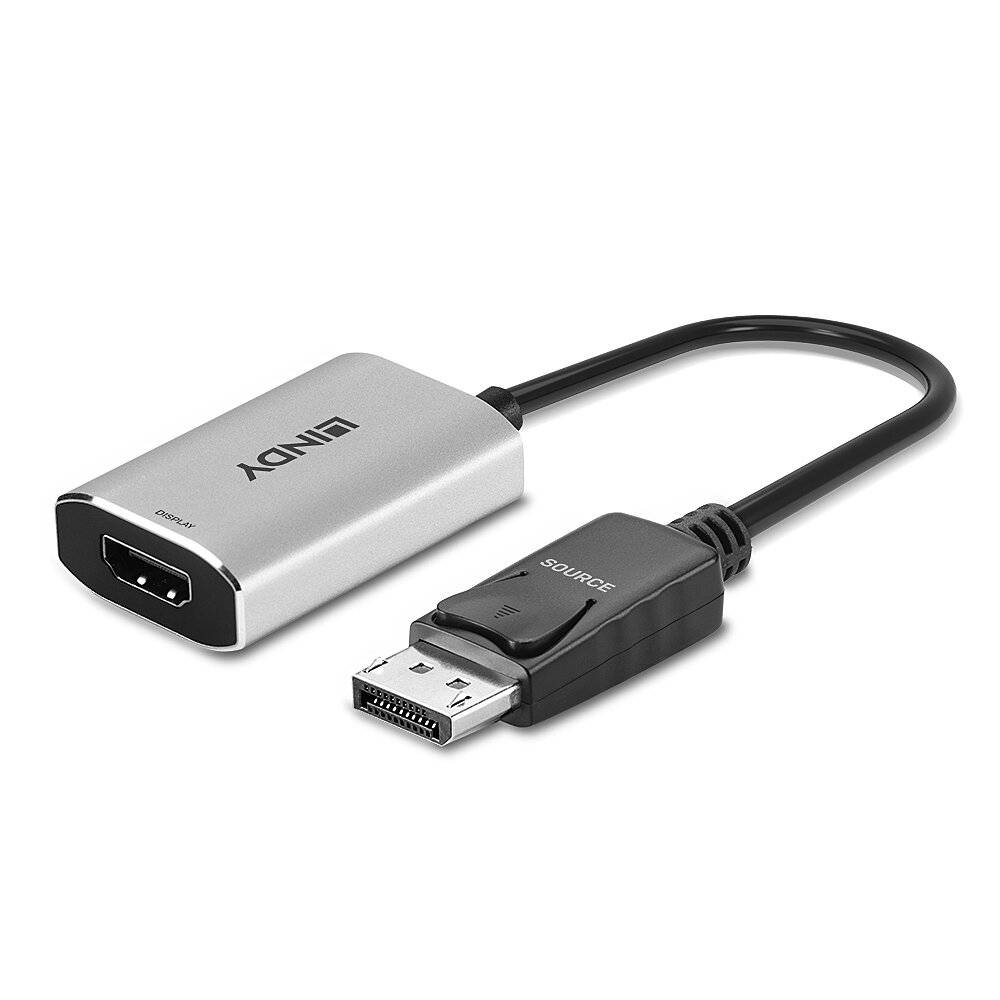 Ein Adapterkabel mit HDMI-Buchse und DisplayPort-Stecker, silbernes Gehäuse mit schwarzem Kabel. Markiert mit 'Source' und Markenname.