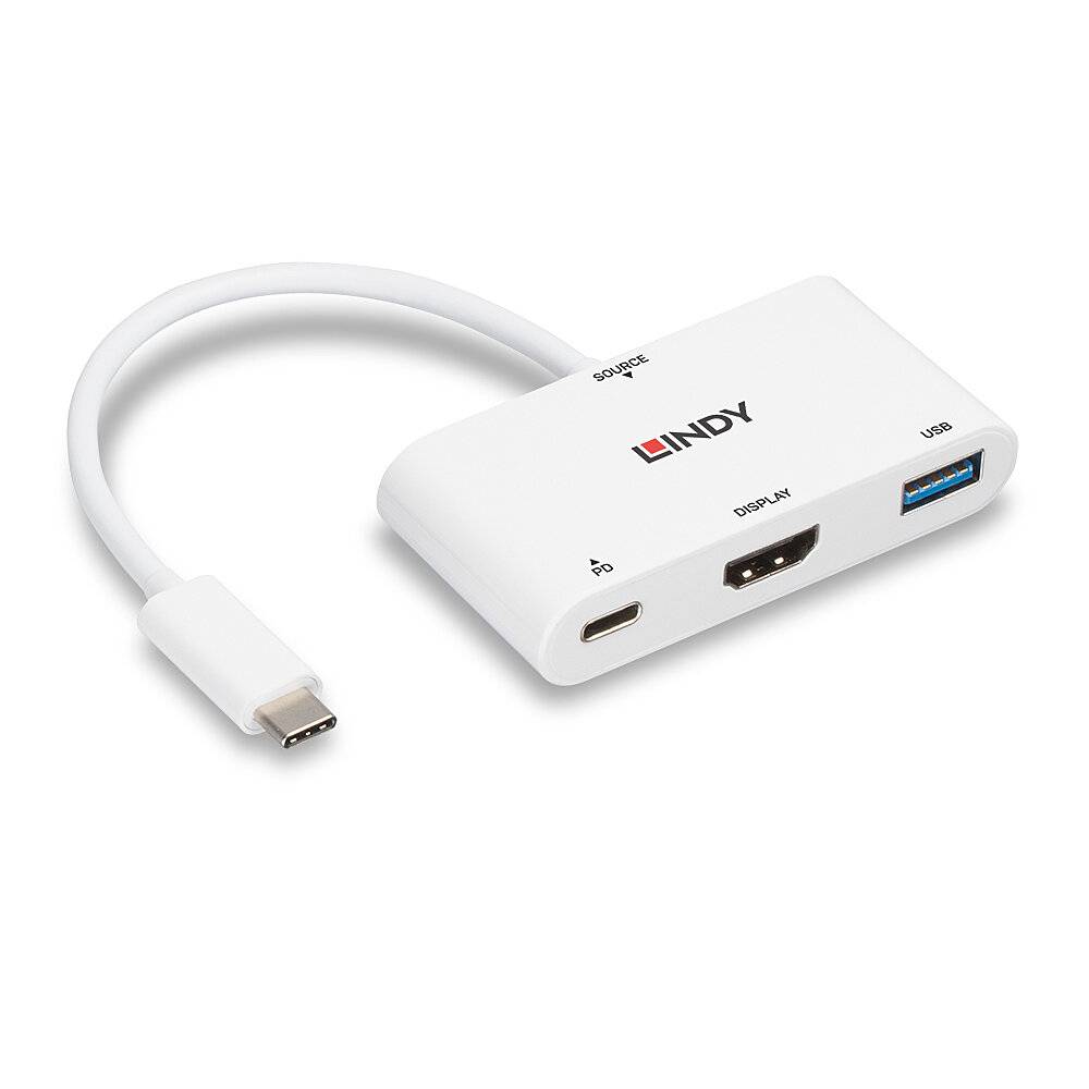 USB-C-auf-HDMI-Adapter von Lindy, weiß, mit drei Anschlüssen: USB-C, HDMI und USB-A. Eignet sich zum Verbinden verschiedener Geräte.