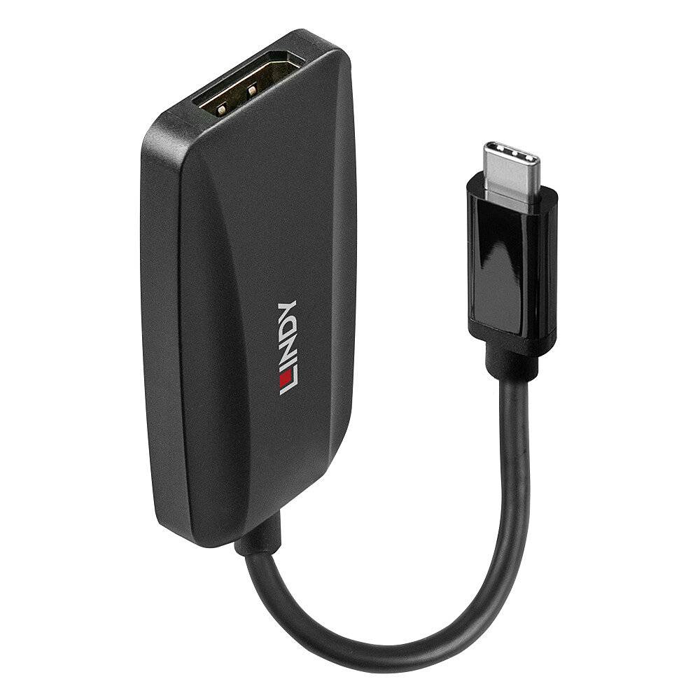 Ein schwarzer Adapter mit USB-C-Stecker und HDMI-Buchse, geeignet für den Anschluss moderner Geräte an HDMI-kompatible Displays.