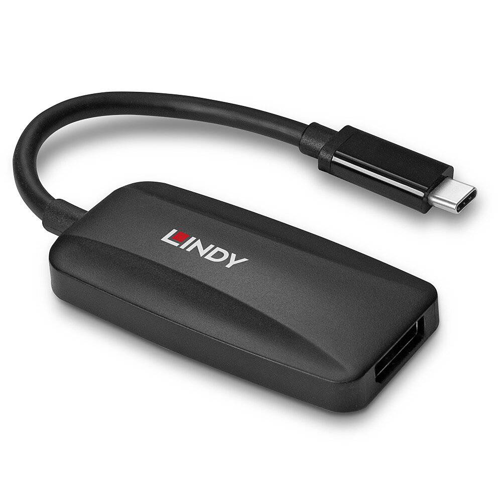 Adapter mit USB-C-Stecker und USB-Buchse, Marke 'Lindy', schwarz, zur Verbindung von USB-C-Geräten mit USB-Zubehör.