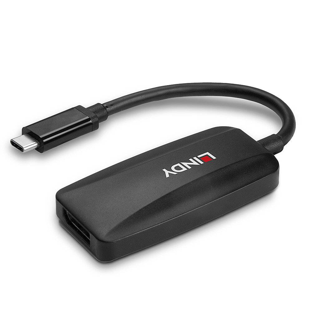 Ein schwarzer USB-C-Adapter mit Kabel und rechteckigem Gehäuse, markiert mit einem roten quadratischen Logo.