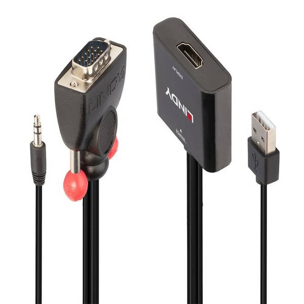 LINDY VGA Adapter [1x VGA-Stecker, Klinkenstecker 3.5 mm - 1x HDMI-Buchse, USB 3.2 Gen 1 Buchse A (USB 3.0)] 38284